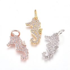 Mixed Color Brass Charms, with Micro Pave Cubic Zirconia and Jump Rings, Sea Horse, Clear, Mixed Color, 15.5x8x1.2mm, Hole: 3.2mm