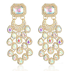 Прозрачный АВ Серьги-люстры из сплава со стразами в форме капли и прямоугольника, золотые, ясно AB, 83x33 мм