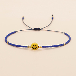 Синий Браслеты из плетеных бусин из богемского стекла, плоские круглые украшения из смолы с улыбающимся лицом для женщин, синие