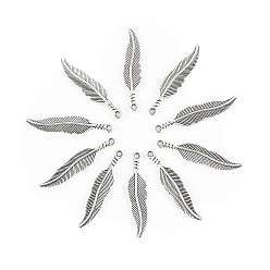 Platinum Bohemia Style Alloy Pendants, Feather Charm, Platinum, 27x8mm