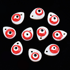 Red Natural Freshwater Shell Charms, with Enamel, Teardrop with Evil Eye, Red, 10.5x8x3~4mm, Hole: 1.2mm