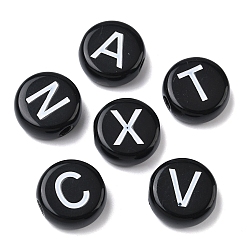 Черный Непрозрачный акрил европейского бисера, бусины с большим отверстием, плоские круглые с буквы, чёрные, 25.5x10.5 мм, отверстие : 6 мм, Около 95 шт / 500 г