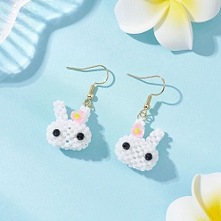 Золотой Серьги-подвески из стеклянных бусин ручной работы, кролик, с 304 нержавеющей стали серьги крючки, золотые, 41x19 мм