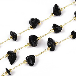 (946F)Морозный цвет внутри  Жонкиль / Непрозрачная зеленая подкладка Латунные кабельные цепи, с натуральным черным агатом, пайки, с катушкой, долговечный, золотые, 1~8x3~17x1~8 мм, около 32.81 футов (10 м) / рулон