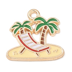 Green Alloy Enamel Pendants, Beach with Tree Charms, Light Gold, Green, 17x18x1.2mm, Hole: 1.6mm