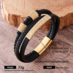 Golden Vintage 304 Stainless Steel Braided PU Leather 3-Strand Bracelets with Magnetic Clasps for Men, Black, Golden, Inner Diameter: 2.76 inch(7cm)