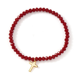 Темно-Красный Элегантные браслеты с крестами из латуни и подвесками, стеклянные круглые бусины эластичные браслеты для женщин, золотые, темно-красный, 6.89 дюйм (17.5 см)
