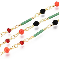 Разноцветный Цепочки ручной работы из латунных звеньев и стеклянных бусин, с катушкой, пайки, реальный 18 k позолоченный, красочный, 18.5~20x3x2 мм
