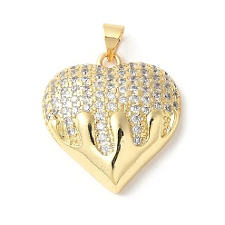 Настоящее золото 18K Латунные микропаве прозрачные подвески с фианитом, без кадмия и без свинца, тающее сердце, реальный 18 k позолоченный, 24.5x23x6.5 мм, отверстие : 4x4.5 мм