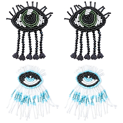 Mixed Color 4Pcs 2 Styles Fibre & Glass Rhinestone Embroider Thread Iron on/Sew On Patches, Cloth Appliques, Eye, Mixed Color, 75~86x37.5~63x5mm, 2pcs/style