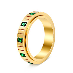 Golden 304 Stainless Steel Micro Pave Cubic Zirconia Rotating Finger Rings, Rectangle, Fidget Spinner Ring for Calming Worry Meditation, Golden, 17mm