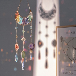 Смешанные камни Двойные рога из натуральных и синтетических камней, крошка из драгоценных камней и стеклянные ловцы солнца, подвесные подвесные украшения с золотистой металлической фурнитурой, 360 мм