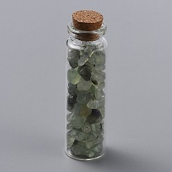 Prehnite Glass Wishing Bottle Pendant Decorations, with Natural Prehnite Chips Inside and Cork Stopper, 69.5~70.5x22mm