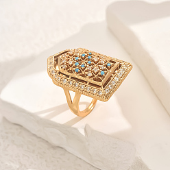 Бирюза Кольца для женщин с геометрическим узором из латуни с микропаве из кубических цирконий, золотые, бирюзовые, 31x20 мм, внутренний диаметр: регулируемый