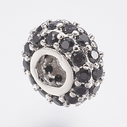 Platinum Brass Micro Pave Cubic Zirconia Beads, Lead Free & Cadmium Free, Rondelle, Black, Platinum, 8x4mm, Hole: 3mm