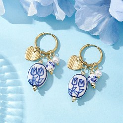 Золотой Овальные с цветочным узором 304 серьги-кольца из нержавеющей стали, с фарфоровыми бусинами и латунными бусинами, золотые, 53 мм