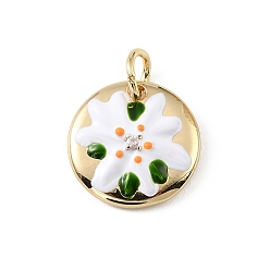 Золотой Латунные микро проложить кубического циркония подвески, с эмалью, плоские круглые прелести, прозрачные, золотые, 4x4 мм, отверстие : 4 мм