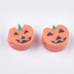Dark Salmon Halloween Theme Handmade Polymer Clay Beads, Pumpkin Jack-O'-Lantern, Dark Salmon, 10x5mm, Hole: 1.5mm