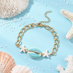 Золотой Алюминиевые витые панцирные цепи браслеты-звенья, Браслеты из ракушек каури, синтетической бирюзы и гематита для женщин, звезда и раковина, золотые, 7-1/2 дюйм (19 см)