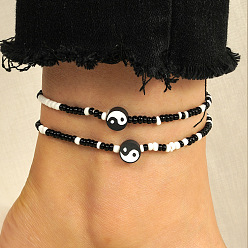 Черный 2шт. наборы эластичных браслетов на ногу из полимерной глины и стеклянных бусин инь-янь для женщин, чёрные, внутренний диаметр: 2-3/4 дюйм (70 мм)