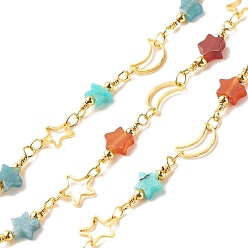 Смешанные камни Латунные цепи с луной и звездой, из бисера из натуральных смешанных камней, долговечный, пайки, с катушкой, 10x6x1 мм, 8x8x1 мм, 18~20x6x3 мм