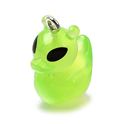 Lawn Green Luminous Transparent Resin Pendants, Duck Charm, with Platinum Zinc Alloy Loop, Glow in the Dark, Lawn Green, 21.5~22x12~12.5x18~19mm, Hole: 2mm