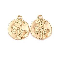 Настоящее золото 18K Латунные подвески, без кадмия, без никеля и без свинца, плоско-круглые с розой , реальный 18 k позолоченный, 19.5x16x1.5 мм, отверстие : 1.8 мм
