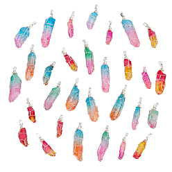 Серебро 30 шт. подвески из натурального окрашенного кварца с острыми концами, с экологически чистой медной проволокой, два тона, форма пули, разноцветные, серебряные, 31~50x6~12x5~12 мм, отверстие : 4~4.5 мм