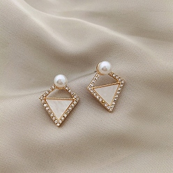 Rhombus Alloy Rhinestone Earrings for Women, with Acrylic and Imitation Pearl Beads, Rhombus, 18x11mm