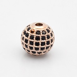 Rose Gold CZ Brass Micro Pave Grade AAA Black Color Cubic Zirconia Round Beads, Cadmium Free & Nickel Free & Lead Free, Rose Gold, 10mm, Hole: 2mm