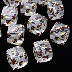 Coconut Brown Transparent Printed Acrylic Beads, Square with Cake Pattern, Coconut Brown, 16x16x16mm, Hole: 3mm