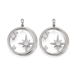 Real Platinum Plated Brass Micro Pave Clear Cubic Zirconia Pendants, Long-Lasting Plated, Ring with Star, Real Platinum Plated, 20x16x3mm, Hole: 3mm