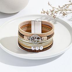 Персиковый Слойка Многожильные браслеты из искусственной кожи с звеном «Древо жизни», с магнитной застежкой, розовые, 7-5/8 дюйм (19.5 см)