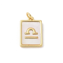 Весы Подвески из латуни с натуральными белыми ракушками, подвески-созвездия с соединительными кольцами, реальный 18 k позолоченный, долговечный, без свинца и без кадмия, стойки покрытие, Весы, 17x12x2 мм, отверстие : 3 мм