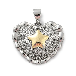 Звезда Латунные микро проложить кубического циркония подвески, Сердце с рисунком, стойки покрытие, долговечный, без кадмия и без свинца, настоящее 18 к позолота и платина, звезда, 18~19x22x7~8 мм, отверстие : 4x3 мм