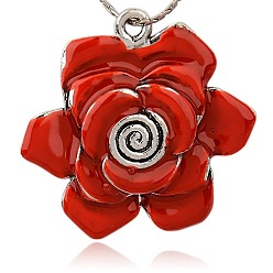 Rouge Accessoires collier pendentif de fleurs belles, Pendentifs en émail , argent antique, rouge, 45x46x6mm, Trou: 3mm
