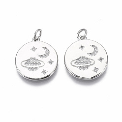 Платинированный Латунные микропаве прозрачные подвески с фианитом, с целью перехода в кольце, без никеля , плоский круглый со звездой / луной / вселенной, Реальная платина, 19.5x17x2 мм, отверстие : 3 мм