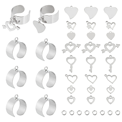 Нержавеющая Сталь Цвет Набор для самостоятельного изготовления кольца-манжеты, включая основание кольца из нержавеющей стали и подвески, сердце и ключ-отмычка, цвет нержавеющей стали, 60 шт / коробка