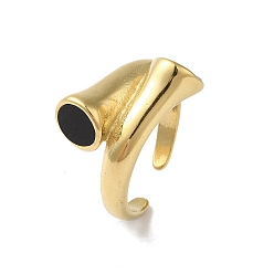 Black Shell Open Cuff Ring for Women, 304 Stainless Steel Bypass Finger Ring, Real 18K Gold Plated, Black, 10.5mm, Inner Diameter: Adjustable