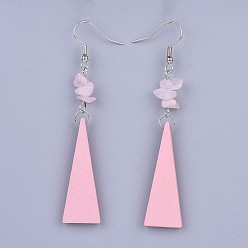 Розовый Кварц Серьги с грушей, с натуральными бусинами из розового кварца и медными крючками, треугольные, платина, 78 мм , штифт: 0.7 мм