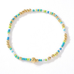 Синий Круглые эластичные браслеты из латуни и стеклянного бисера., синие, внутренний диаметр: 6.50 дюйм (16.5 см)