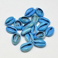 Dodger Blue Natural Cowrie Shell Beads, Dyed, Oval, No Hole, Dodger Blue, 5~20x10~13x5~7mm