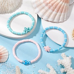 (52) Непрозрачная лаванда 3 шт. 3 стили плоские круглые браслеты ручной работы из полимерной глины heishi с бусинами, составные браслеты для женщин, с синтетической бирюзовой крошкой и фарфором, разноцветные, внутренний диаметр: 2~2-1/4 дюйм (5.2~5.8 см)