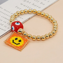 Оранжевый Браслеты с подвесками из стеклянных бусин в богемном стиле, латунные круглые бусины эластичные браслеты для женщин, квадрат со смайликом, с бусиной от сглаза в технике лэмпворк, оранжевые