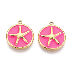 Ярко-Розовый 304 нержавеющей стальной эмали подвески, плоские круглые с морскими звездами, ионное покрытие (ip), реальный 18 k позолоченный, ярко-розовый, 17.5x15x2.5 мм, отверстие : 1.4 мм