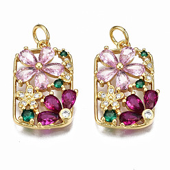 Pink Brass Micro Pave Cubic Zirconia Pendants, with Jump Rings, Nickel Free, Real 16K Gold Plated, Flower, Pink, 21.5x14x3mm, Jump Ring: 5x0.8mm, 3mm inner diameter