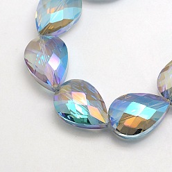 Hellstahlblau Galvanik Kristallglas Tränenperlen Stränge, facettiert, Regenbogen Farbe überzogen, hellstahlblau, 24x17x11 mm, Bohrung: 1 mm, ca. 30 Stk. / Strang, 28.3 Zoll