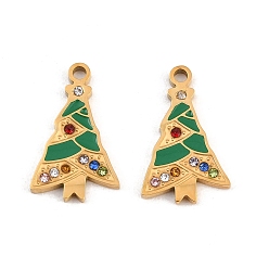 Christmas Tree Christmas 304 Stainless Steel Enamel Pendants, with Rhinestone, Ion Plating(IP), Golden, Christmas Tree Charms, 17x10.5x1.5mm, Hole: 1.5mm