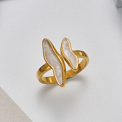 White 304 Stainless Steel Open Cuff Rings, Wave, with Enamel, Golden, White, Inner Diameter: 17.4mm
