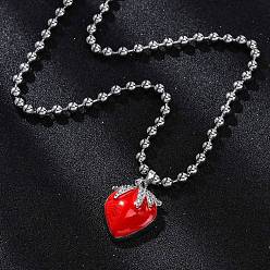 Платина Латунная красная эмаль клубника кулон шариковая цепочка ожерелья, с четким кубического циркония, без кадмия и без свинца, долговечный, стойки покрытие, платина, 16.42 дюйм (41.7 см)